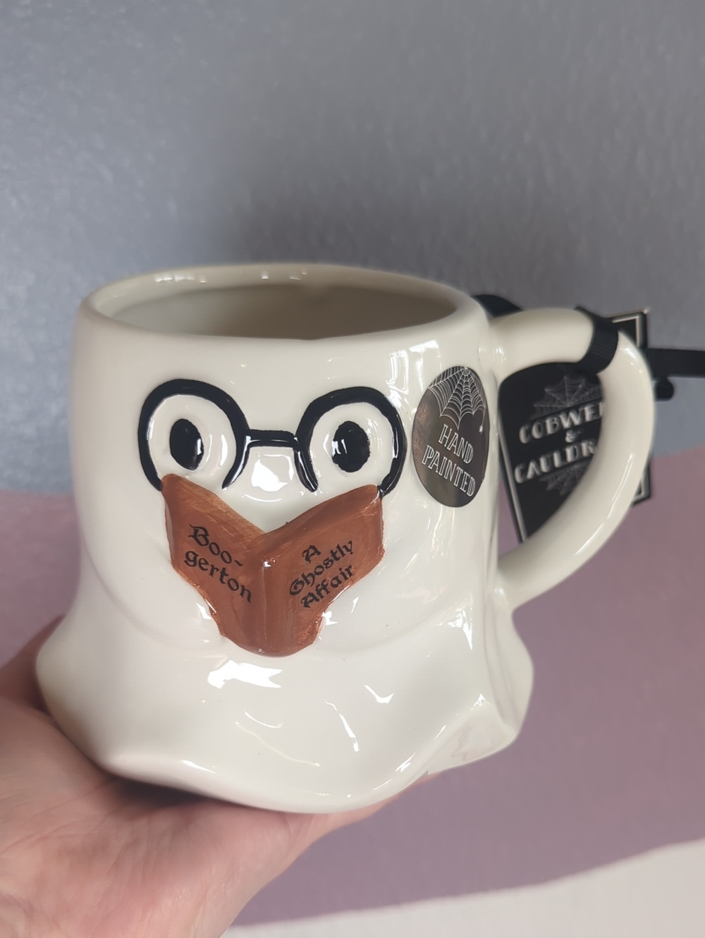 Hand-Painted Cream Halloween Ceramic Ghost Book Mug NWT